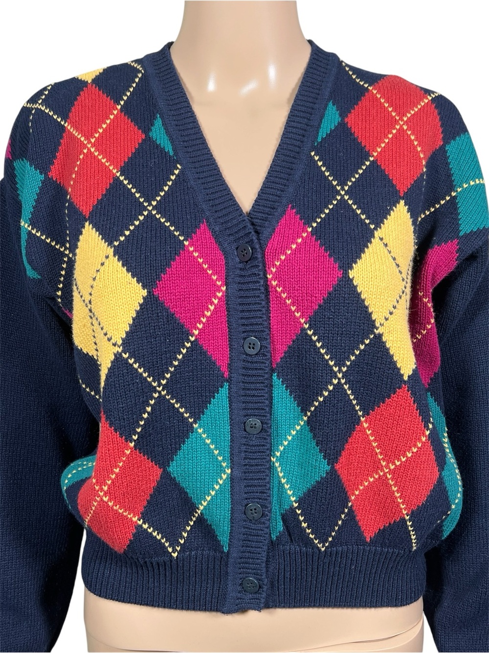 VTG Liz Sport Crop Cardigan Sweater Colorful Preppy School Girl Knit Argyle Sm